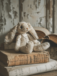 中秋浮雕兔子摄影照片_毛绒玩具兔子坐在旧书上