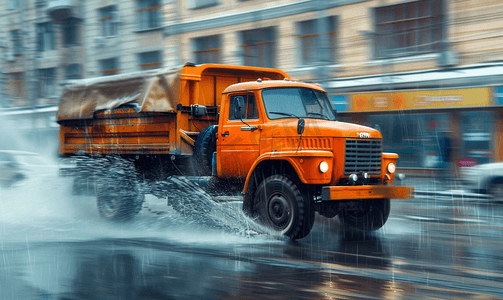 汽车一辆摄影照片_雨天特写下一辆旧橙色多用途卡车在沥青路上行驶