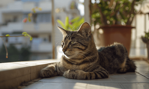 可爱的昏昏欲睡的短发棕色虎斑猫绿眼睛坐在阳台的地板上