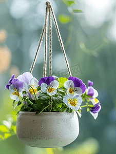 春天中摄影照片_户外装饰悬挂花盆中生长的三色堇