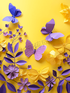 抽象色彩鲜艳背景摄影照片_彩色纸蝴蝶背景黄紫色昆虫
