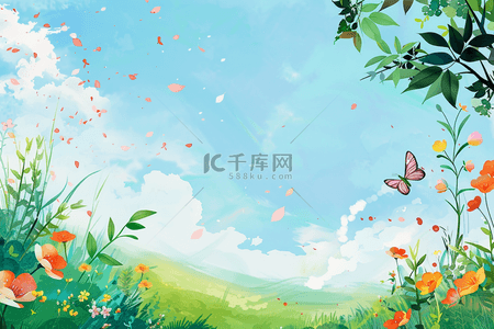 夏季花草风景手绘背景