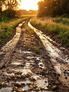 泥泞摄影照片_傍晚阳光下湿泥泞土路的全帧视图