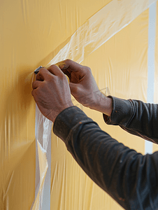 油漆工在油漆前先将胶带固定在墙上