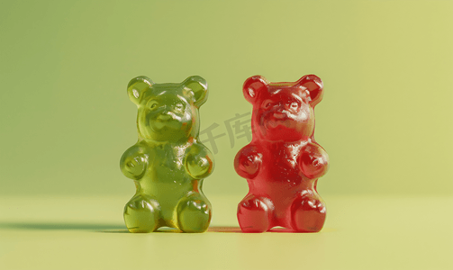 绿色渐变小清新摄影照片_左边是绿色小熊软糖右边是红色小熊软糖一对在一起
