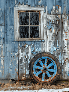 谷仓墙附近有一个拖拉机的蓝色生锈大轮