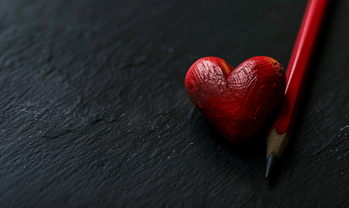 追求爱情的概念黑色的心和铅笔