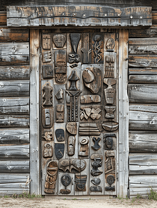 由不同图形制成的金属门位于由粗木制成的木屋入口处