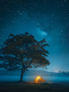 星夜摄影照片_夏日星夜雾气弥漫的树下黄色帐篷