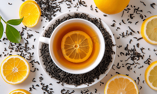 香柠檬味干红茶灰色图作为背景顶视图