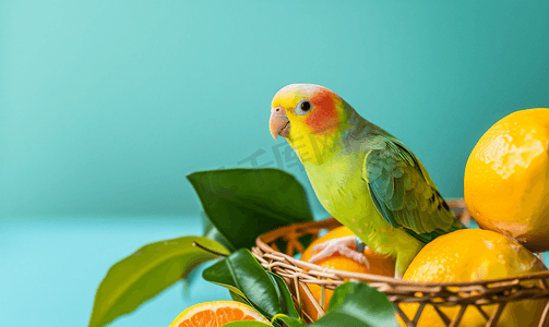 一只小鹦鹉栖息在柳条篮和人造柠檬上
