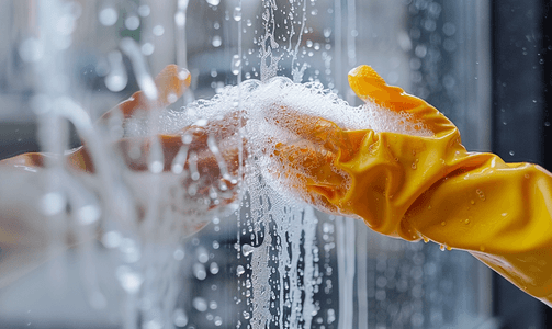 湿手套摄影照片_洗衣机用洗涤剂清洗窗户玻璃