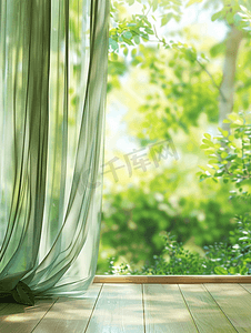 具有绿色花园背景的抽象模糊窗帘窗