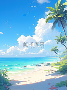 海边沙滩椰子树蓝天白云素材