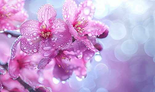 树上美丽的粉红色兰花花上面有水滴