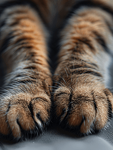 棕色虎斑猫毛茸茸的爪子的特写