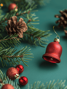 绿色背景中的节日横幅红铃和圣诞树小玩意
