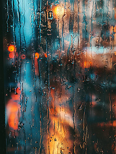 雨夜玻璃窗外的城市灯光摄影图