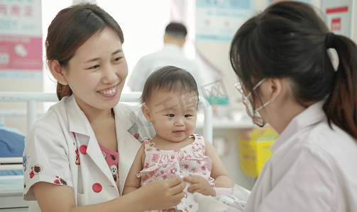 带孩子工作的妈妈摄影照片_东亚沟通保健年轻妈妈带着孩子看医生