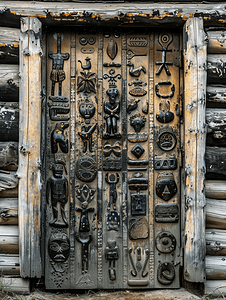华丽金属摄影照片_由不同图形制成的金属门位于由粗木制成的木屋入口处