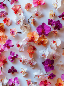 蝴蝶兰水滴摄影照片_兰花花平躺花卉背景由多彩多姿的蝴蝶兰制成