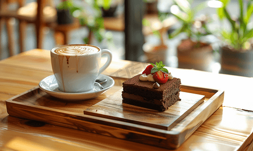 在木托盘上滴上咖啡配上巧克力蛋糕在自然光下的咖啡馆里享受咖啡时光