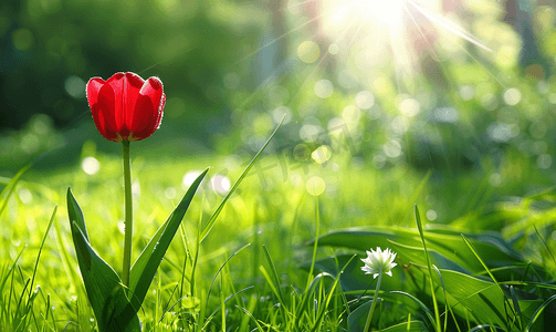 绿草背景上一朵红色郁金香的宏阳光明媚的日子里的一朵花