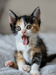 美味吐舌头摄影照片_张开嘴的小三色小猫的肖像猫咂嘴吐舌头