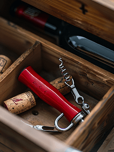 打开的盒子盒子摄影照片_抽屉里的葡萄酒瓶中的红色开瓶器和软木塞