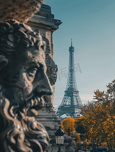 巴黎地标摄影照片_马赛雕像和巴黎艾菲尔铁塔的照片