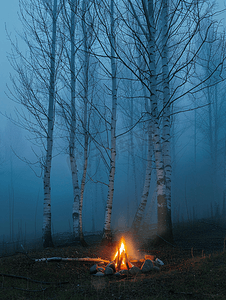 夜晚孤独摄影照片_雾夜里的桦树被篝火照亮