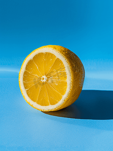简约创意设计背景摄影照片_蓝色背景中突显的新鲜美味柠檬创意简约食品概念