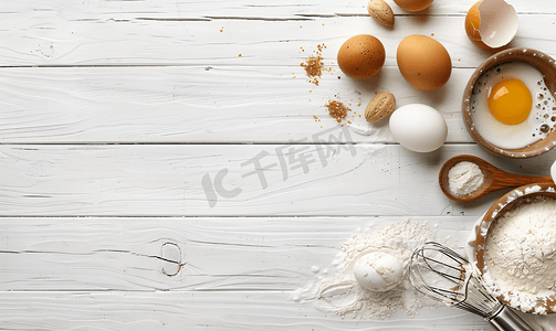白色污染海报摄影照片_烘焙原料面粉鸡蛋和搅拌器在白色木质背景上有复制空间
