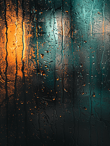 蓝绿色主图摄影照片_夜晚湿润的窗玻璃的抽象的背景带有蓝绿色橙色调的污迹