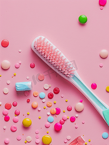 淡粉色摄影照片_牙刷和口香糖位于淡粉色背景上