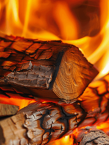 橙色浪漫摄影照片_木柴在火中燃烧炉中的火焰房子里的壁炉壁炉细节