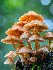 连续降雨后树桩上长出的野生蘑菇