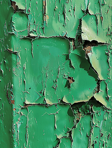 生锈的金属板表面上的绿色油漆剥落