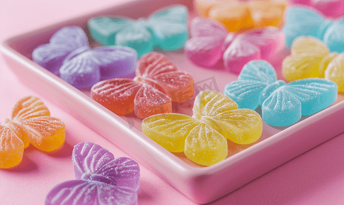 品味美食摄影照片_托盘中彩色糖果上的纸蝴蝶