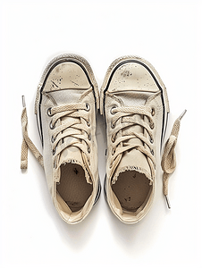 运动跑步背景摄影照片_白色背景中突显的一双破旧的运动鞋