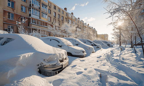阳光明媚的日子里住宅楼附近停车场的汽车被埋在雪下