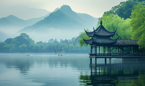 中国风古风武侠摄影照片_中国的西湖风景湖面湖水自然风景