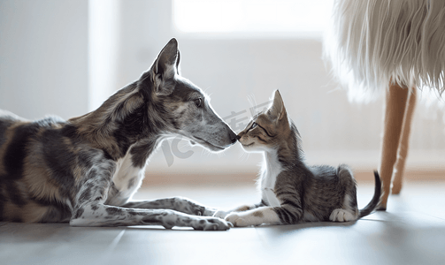 猫和狗一起在室内的地板上毛茸茸的朋友长毛猫亲吻灰狗