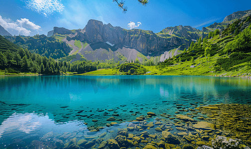 特鲁索山谷的矿物湖背景为绿色景观和山脉