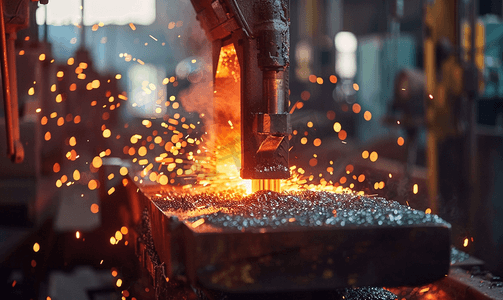 工厂旧工作蒸汽锤锻造带火花的热钢工件
