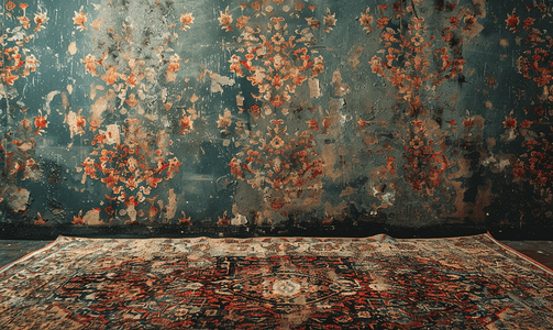 家居市场摄影照片_墙上的地毯织物图案旧住宅内部