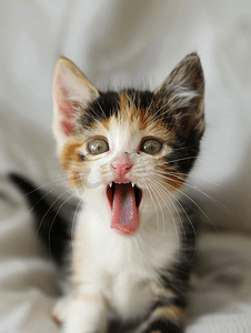 美味吐舌头摄影照片_张开嘴的小三色小猫的肖像猫咂嘴吐舌头