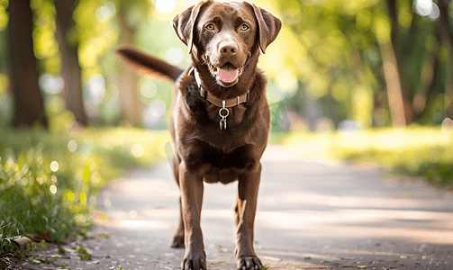巧克力拉布拉多摄影照片_夏日公园散步时巧克力拉布拉多猎犬的肖像