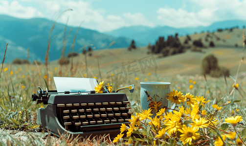 山上有黄色花朵和杯子的老式打字机