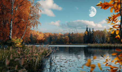 浅景深的秋天风景与月亮和小湖